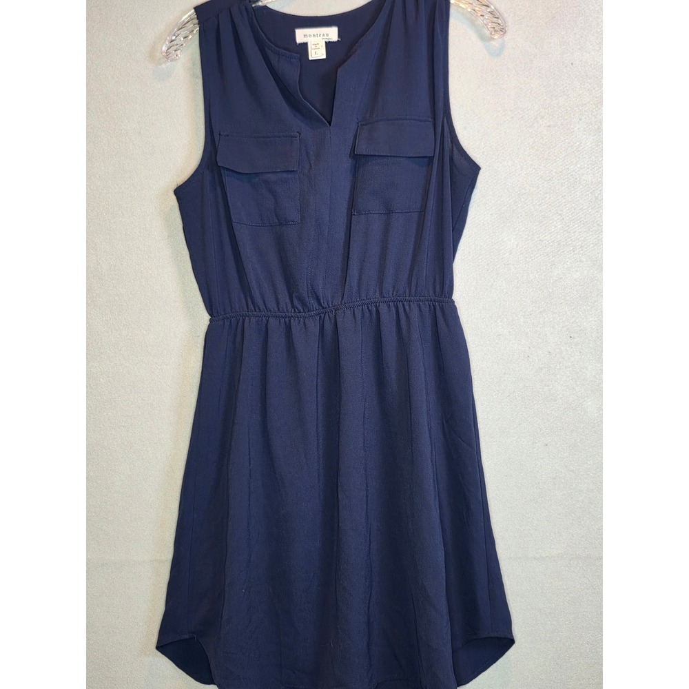 Monteau Los Angeles Blouse Womens Large Navy Blue Sleeveless Career Casual Top